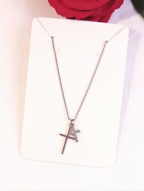 Vintage Silver Plated Cross & Crystal Cross Double Pendant Necklace 18" Chain